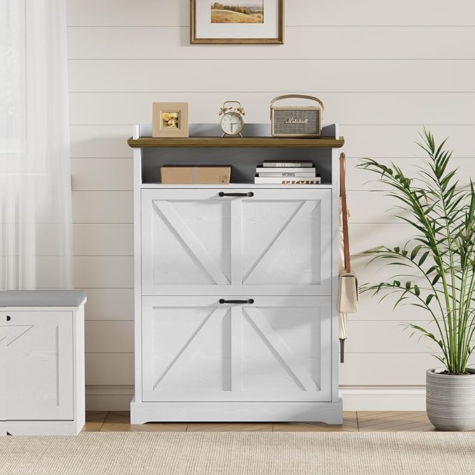 Shoe Cabinet with 2 Flip Drawers, Farmhouse Narrow Shoe Cabinet Organizer with Double-Layer Top, Freestanding entryway organizer with adjustable shelves and hooks, for, Foyer, Hallway, White