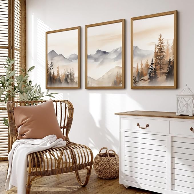Neutral Mountain Wall Art Decor Set of 3 Forest Canvas Wall Art Poster Landscape Wall Art Artwork Modern Pictures Abstract Painting Watercolor Prints for Living Room Bedroom 12x16 Inch Framed