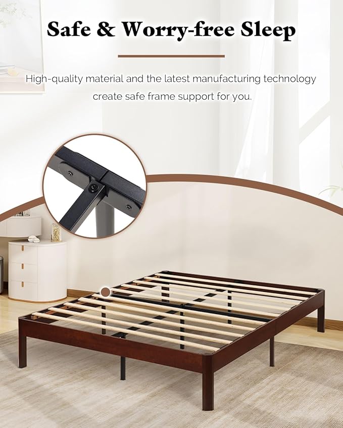 14 inch Sturdy Heavy Duty Wood Bed Frames with Wooden Slats, Queen Size Platform Bed Frame, Natural Classic Design, Easy Set Up, Storage Space Under-Bed, No Box Spring Needed (Queen)