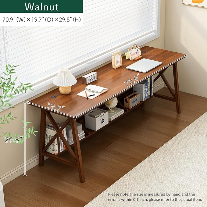 NELYE Extra Long Desk with Bookshelf - Wooden Home Office Work Study Table, 2-Person Writing Computer Workstation with Storage Shelf in Walnut, 71" Wx20 Dx30 H
