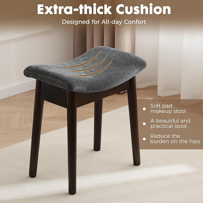 Square Linen Makeup Stool Small Ottoman Stool Chair for Vanity, Modern Padded Seat Foot Rest for Makeup Room, Bathroom (Classic-Gray)