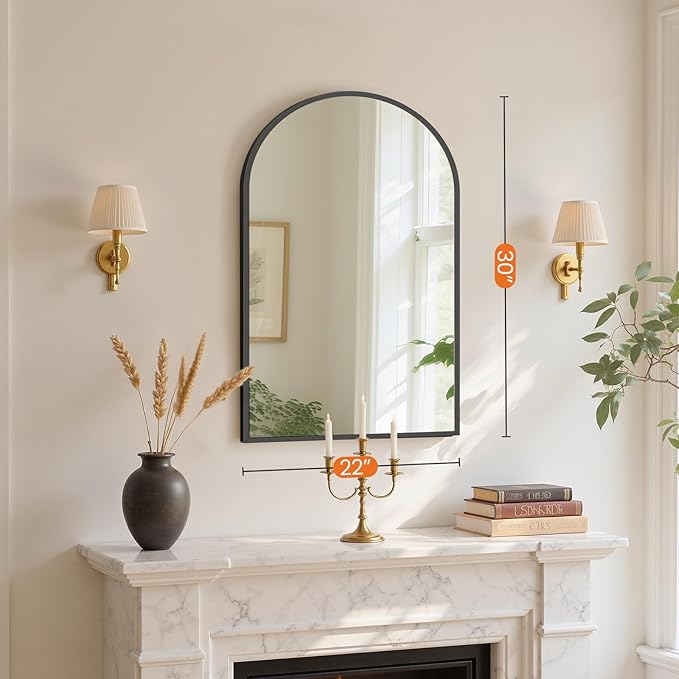NEWBULIG 22X30 Inch Arched Bathroom Mirror for Wall, Vanity Bathroom Mirrors for Over Sink Tempered Glass, Anti-Rust Arched Metal Framed, Hangs Horizontally or Vertically, Farmhouse Home Decor, Black