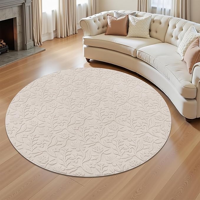 Vaukki Round Rug for Living Room, Soft Fluffy Washable Modern Floral Indoor Floor Mat, Non Slip Shaggy Boho Accent Throw Carpet for Bedroom, Living Room, Nursery and Dining Room, Beige, Round-5Ft