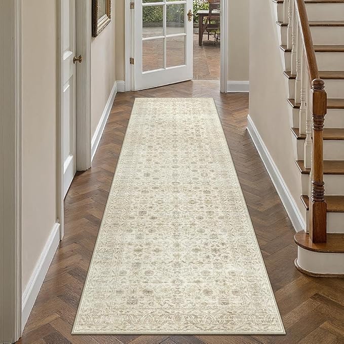 PureCozy 2x8 Runner Rug Machine Washable Hallway Kitchen Vintage Distressed Non Slip Carpet Indoor Small Long Low Pile Thin Beige Bedroom Bathroom Retro Accent Throw Rug Laundry Living Room