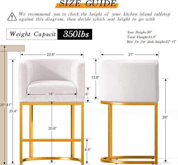Modern Counter Height Bar Stools,Bar Stools Set of 2,Velvet Fabric Upholstered Barrel Barstools with Backs,26'' Kitchen Island Chairs,Metal Gold Frames,Beige White Velvet