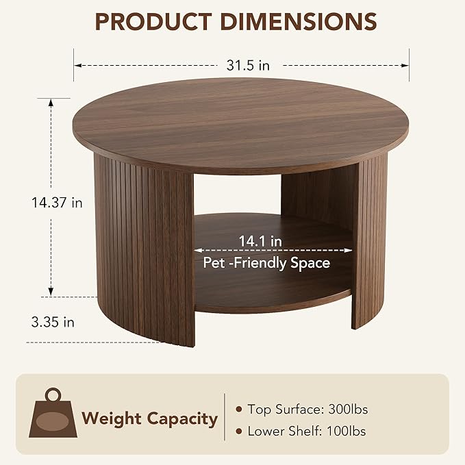 Round Coffee Table with Storage, 31.5" Modern Fluted Center Table, 2-Tier Mid Century Coffee Table, Wood Circle Table for Living Room, Home Office, Small Space, Walnut