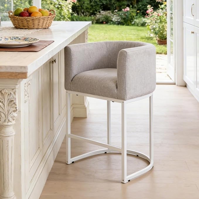 ClinQ 26" H Counter Height Bar Stools Set of 1, Modern Barrel Counter Stools with Backrest and Arms, White Metal Frames, Linen Fabric Upholstered Accent Barstools for Kitchen Island, Light Grey