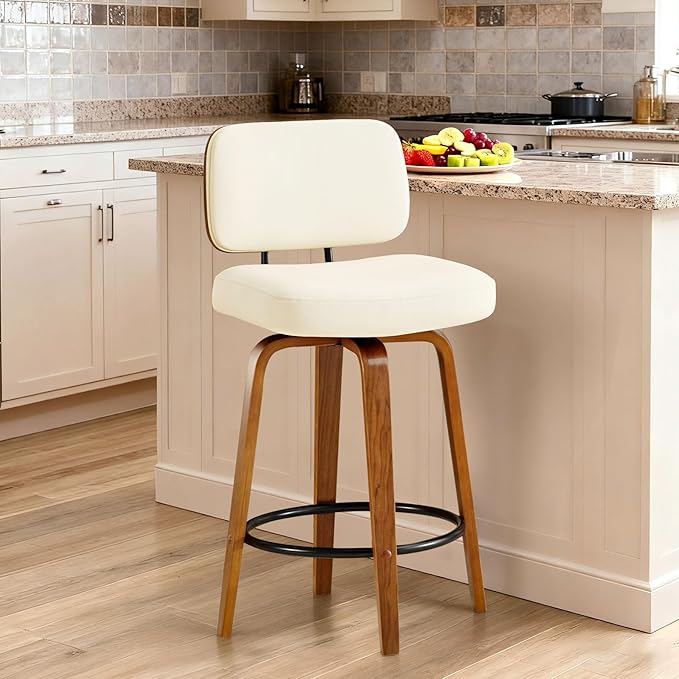 Counter Height Bar Stools Set of 1, 26+inch Swivel Faux Leather Barstool with Back, Upholstered Mid-Century Modern Bar Chairs with Bent Wood Legs for Kitchen Counter, Dining Room, Cream White