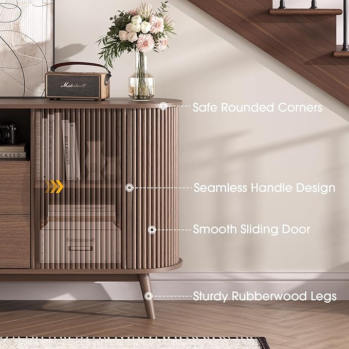 JOINICE 63" Fluted Storage Cabinet for Living Room,Mid-Century Modern Sideboard with Sliding Doors, Walnut Buffet Cabinet with Drawers & Solid Wood Legs, Large Accent Credenza for Home, Dining Room