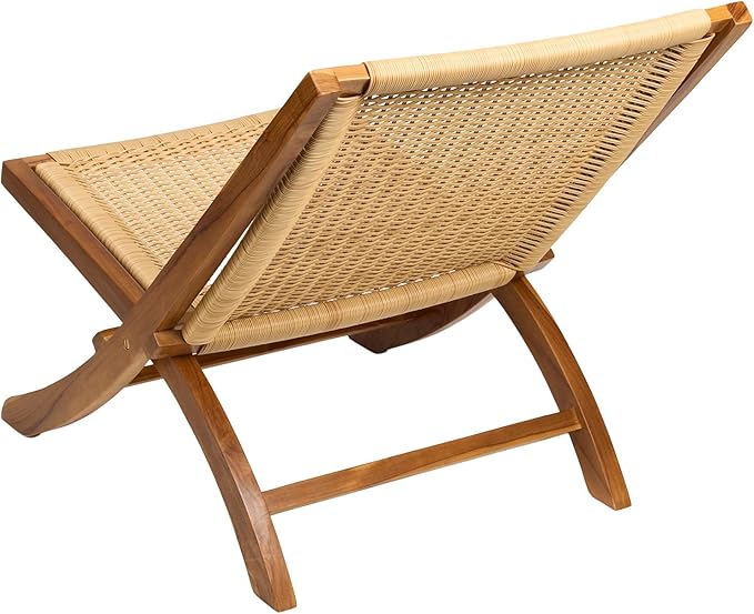 TeakCraft Teak Rattan Lounge Chair – Foldable, Handcrafted Solid Wood Accent Chair with Woven Seat – Mid-Century Modern Recliner for Indoor & Outdoor Use, The Ediz
