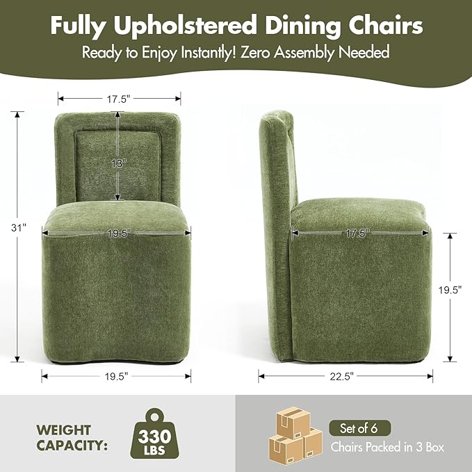 Hyfirm Upholstered Dining Chairs Set of 6, Mid-Century Scandinavian Parsons Armless Chairs with Plush Seat Cushion for Diningroom Bedroom Livingroom Reading Room，Green Fabric