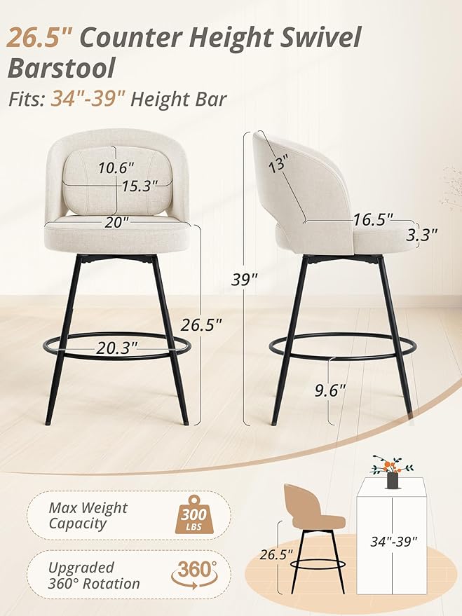 LUE BONA 26''H Swivel Bar Stools Set of 2, Counter Height Bar Stools with Backs, Lumbar Pillow and Black Metal Frames, Upholstered Morden Barstools for Kitchen Island, Linen Farbic, Linen Color