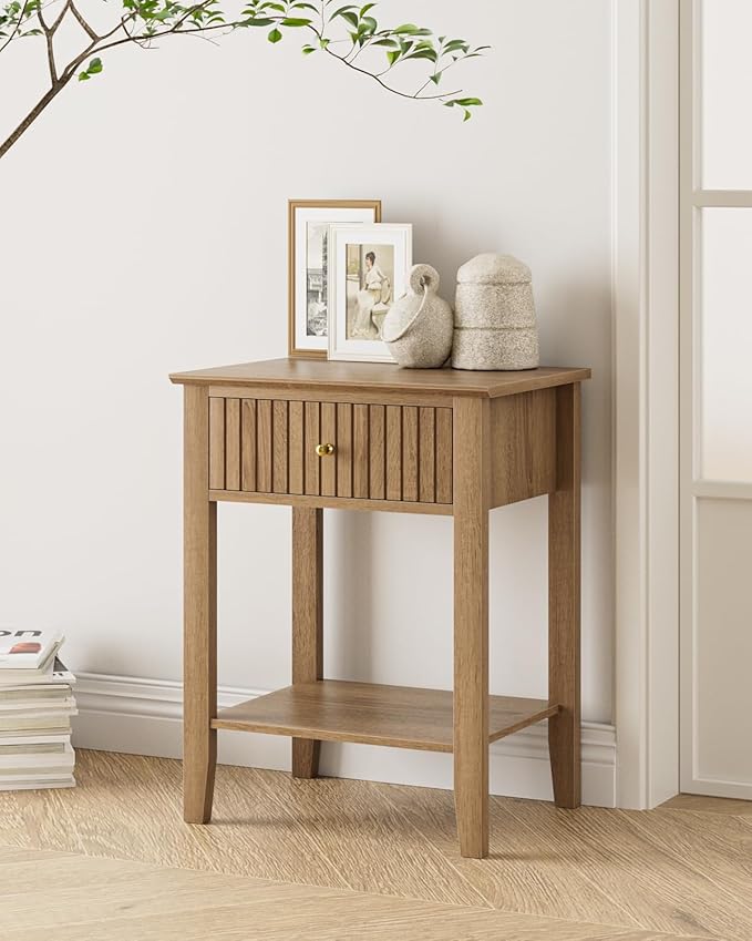Fluted Nightstand, Farmhouse Night Stand with 1 Drawers, Mid Century Modern Side Accent Table,Bedside End Table for Bedroom, Living Room, Natural