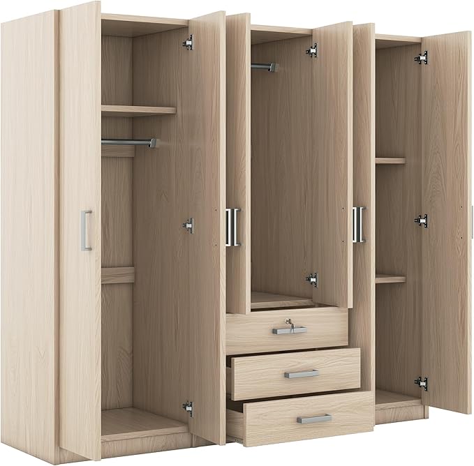 6 Door Armoire Wardrobe Closet with Big 3 Drawers, Wooden Freestanding Bathroom Armoire Cabinet with Shelves and Hanging Rod, Clothes Storage Organizer for Bedroom, Guest Room (Brown)