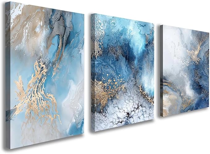 3 Piece Canvas Wall Art, Modern Abstract Blue and Gold Marble Ink Framed Wall Decor for Living Room Bedroom Office, 12x16 Inch, with Hooks and Nails