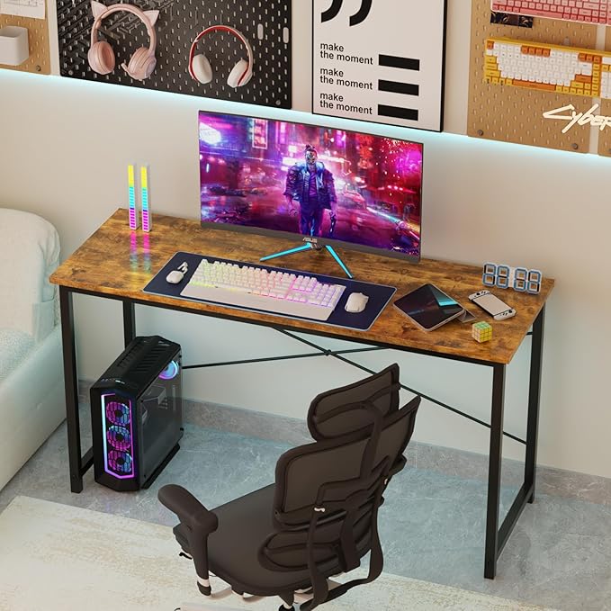 Sweetcrispy Computer Small Office Desk 32 Inch Student Study Writing Work with Metal Frame Wood Tabletop Modern Simple PC Home Bedroom Table, Rustic Brown