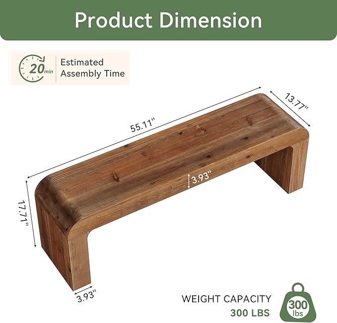 Solid Wood Dining Bench, 55" Wood Bench Indoor for Entryway, End of Bed Bench with Thick Block Seat, Modern Farmhouse Wooden Bench for Dining Table, Bedroom, Hallway, Rustic