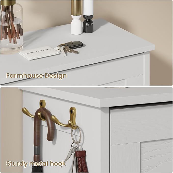 Shoe Cabinet Organizer with 3 Flip Drawers, Modern Narrow Shoe Cabinet with Metal Handles, Freestanding entryway Organizer with 2 Adjustable Shelves & 2 Hooks, for Foyer, Hallway, White