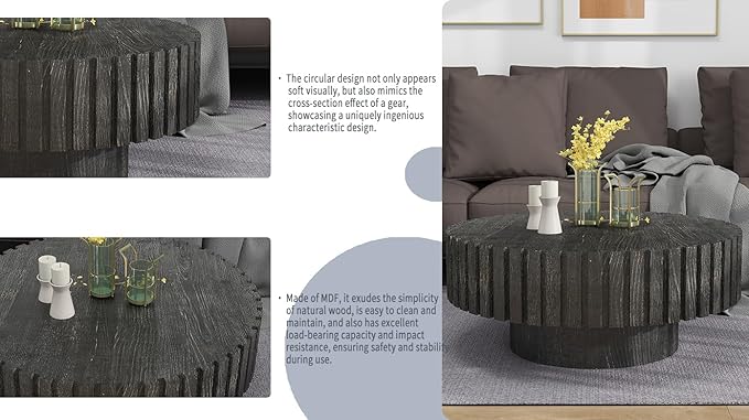 Round Wood Coffee Table for Living Room Modern Rustic Fluted Solid Wood Coffee Table Pedestal Center Table Circle Tea Tables for Apartment Easy Assembly(31.5''Antique Black)