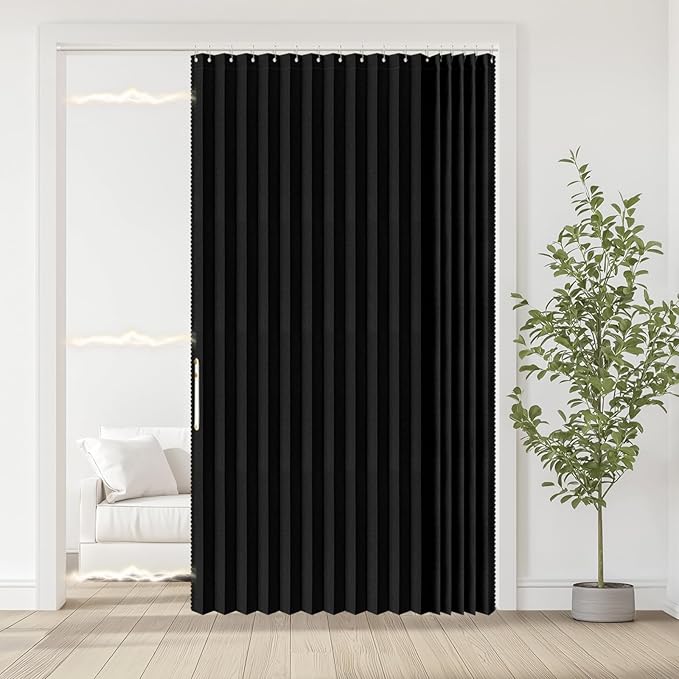 Jilron Accordian Door Curtain, 100% Blackout Folding Magnetic Doorway Curtains,Linen Style Closet Doors,for Room Divider,Privacy Protection（W72 x L78,Black,1 Panel）