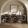BELLEZE Set of 3 Modular Sideboard with Arched Glass Door, 97'' Accent Display Buffet Cabinet with Storage and Adjustable Shelves,Classic Modern Credenza for Dining Room Living Room Entryway (Ebony)