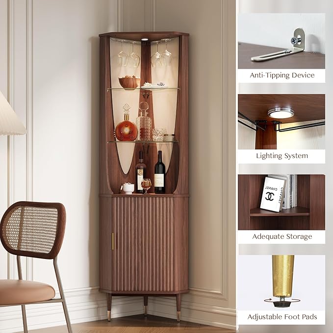 JOINICE 70" Tall Corner Bar Cabinet, Mid-Century Modern Fluted Storage Cabinet with Glass Shelves, Door & LED Lighting, Space-Saving Liquor Cabinet for Living Room, Kitchen, or Dining Room, Walnut