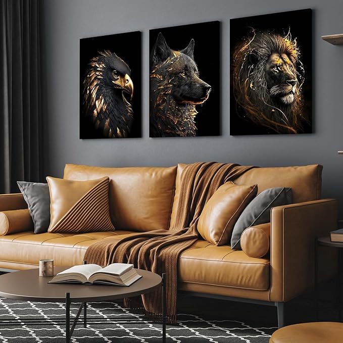 3 Piece Framed Canvas Wall Art, Modern Black and Gold Animal Canvas Wall Decor with Eagle Wolf and Lion, Set of 3 Wall Art for Living Room Bedroom Office Gaming Room, 12x16 Inch