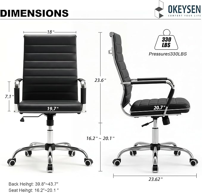 Okeysen Office Desk Chair, Ergonomic Leather Modern Conference Room Chairs, Executive Ribbed Adjustable Swivel Rolling Chair for Home Office.