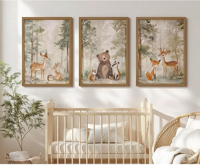 Woodland Nursery Wall Art Decor Animal Forest Canvas Prints Baby Boy Room Wall Decor Bear Nursery Nature Pictures Deer Prints Artwork for Boy Girl Kids Bedroom 16x24 Inch Wood Framed Set of 3