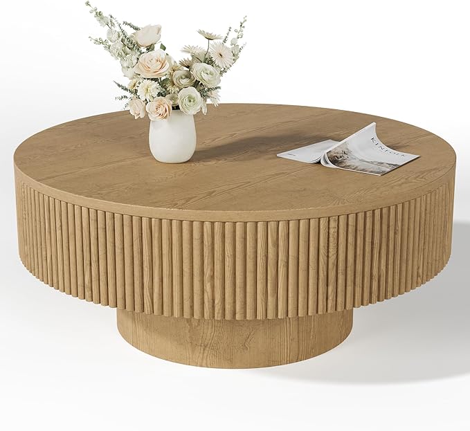 YOUDENOVA 35” Round Fluted Coffee Table, Modern Wood Circle Coffee Table, Veneer Handcrafted Relief Tea Table with Sturdy Pedestal for Living Room, Easy Assembly - Natural
