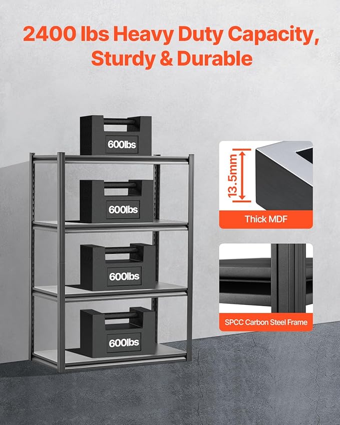 VEVOR Storage Shelves, 2400 lbs, 4 Tier Garage Storage Shelving, 20" D x 40" W x 57" H Adjustable Metal Shelves for Garage Shelves Utility Rack Shelf, Ideal for Kitchen, Warehouse, Basement, Black