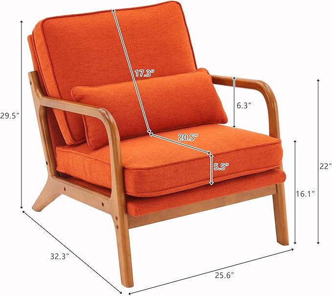 Bonnlo Linen Burnt Orange Mid Century Modern Accent Chair, Soild Wood Padding Lounge Armchairs Side Sitting Chairs for Living Room, Bedroom, Guest Room