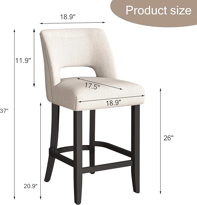 VKNOW Bar Stools Set of 6, 26" Upholstered Counter Height Bar Stools, Modern Counter Stools with Black Legs for Kitchen Island Dining Room Bar, Beige-Black Legs