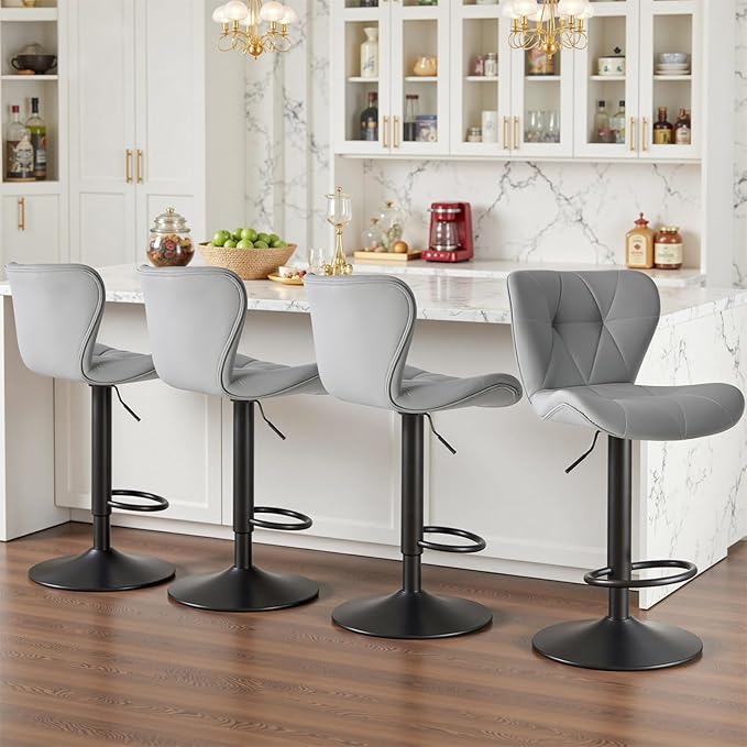 Sweetcrispy Modern Bar Stools Set of 4, Adjustable Faux Leather Upholstered Swivel Bar Stools, Counter Height Bar Chairs with Back for Kitchen Island, Grey