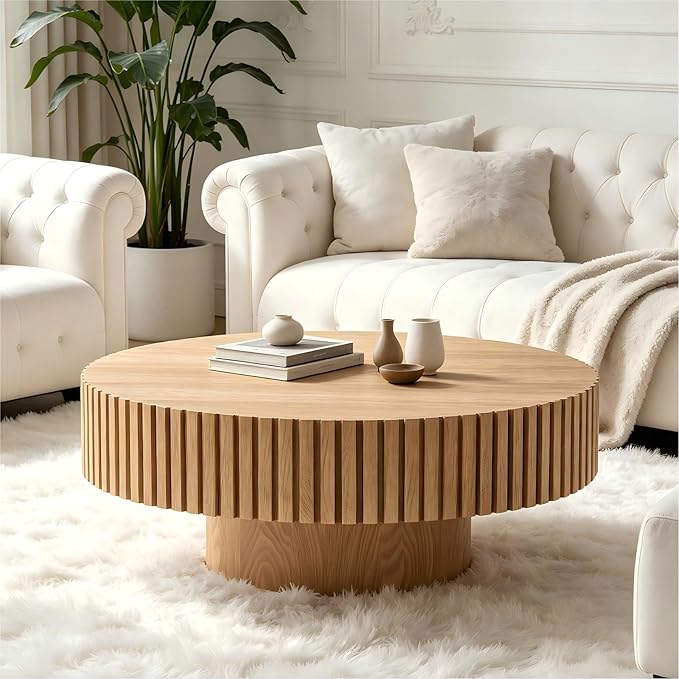 KEVINSPACE Round Coffee Table, 39" Big Wooden Fluted Coffee Table with Fluted Base, Circle Accent Center Table for Living Room Apartment Office Small Space, Easy Assembly, Wood