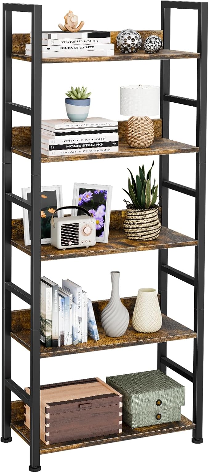 Ekisemio Bookshelf, 5 Tier Industrial Bookcase, Vertical Tall Bookshelf, Wood and Black Metal Open Shelves, Farmhouse Storage Rack for Living Room, Home Office, Bedroom, Rustic Brown