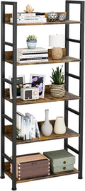 Ekisemio Bookshelf, 5 Tier Industrial Bookcase, Vertical Tall Bookshelf, Wood and Black Metal Open Shelves, Farmhouse Storage Rack for Living Room, Home Office, Bedroom, Rustic Brown