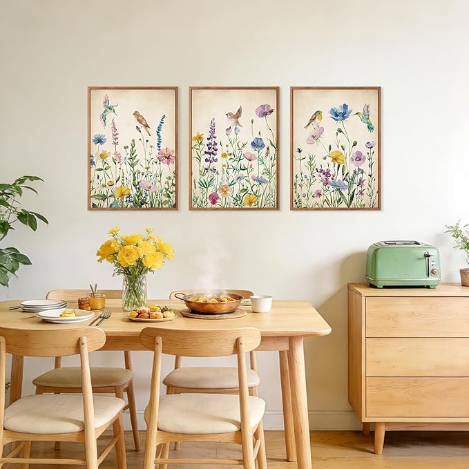 HPNIUB Vintage Wildflower Birds Framed Canvas Wall Art Set, Modern Nature Botanical Wall Decor, Colorful Floral Art Prints Spring Artwork for Living Room Dining Room Bedroom(Set of 3,12X16 Inch)