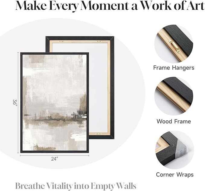 Large Framed Neutral Abstract Wall Art for Living Room, 3 Piece Modern Beige Brown Canvas Artworks, Minimalist Painting Prints for Entryway Hallway Home Office Wall Decor, 24x36 In