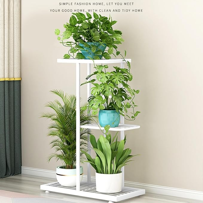Plant Stand Metal 3 Tier 4 Potted Multiple Flower Pot Holder Shelf Indoor Outdoor Planter Display Shelving Unit for Patio Garden Corner Balcony Living Room (White)