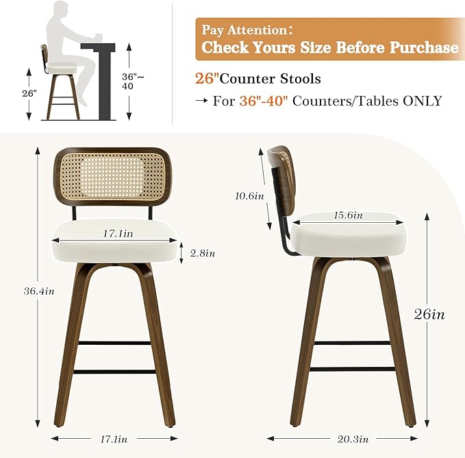 Bekrvio Swivel Counter Height Bar Stools Set of 4, Upholstered Faux Leather Barstools with Rattan Back, 26" Seat Height Bar Chairs for Kitchen Island, Bentwood Wood Frame, Cream White