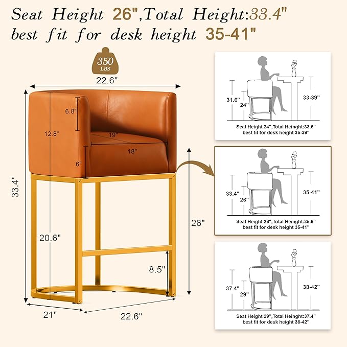 Modern Counter Height Bar Stools,Bar Stools Set of 3,PU Leather Upholstered Barrel Barstools with Backs,26'' Kitchen Island Chairs,Metal Gold Frames,Camel Brown Leather