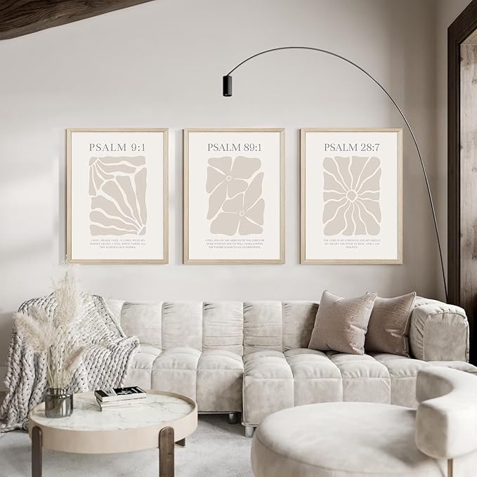 Scripture Christian Wall Art Set of 3 Beige Bible Verses Wall Decor Neutral Psalm Canvas Wall Art Modern Pictures Flower Prints Christian Artwork for Living Room Bedroom 12x16 Inch Framed