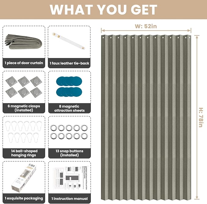 Jilron Accordian Door Curtain, 100% Blackout Folding Magnetic Doorway Curtains,Linen Style Closet Doors,for Room Divider,Privacy Protection（W52 x L78,Grey,1 Panel）