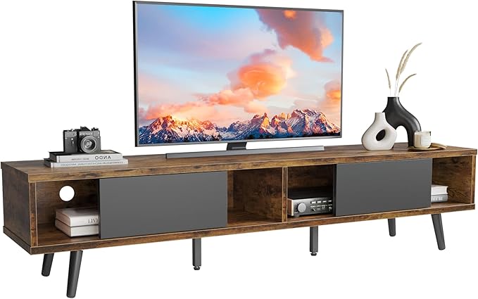 Bestier 70 inch Mid Century Modern TV Stand for 75 inch TV, Low Profile TV Stand with Storage, Entertainment Center for Living Room, Cord Management, Rustic Black