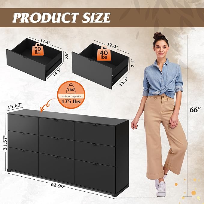 WLIVE 9 Drawer Dresser for Bedroom, 63" Wide Black Drawers Large Wooden Chest of Drawers Organize with Sturdy Metal Handle, Modern Dresser for TV Stand, Living Room Office, Hallway, Ball Bearing Slide