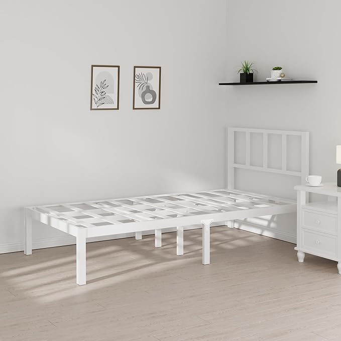 14 Inch Bamboo Bed Frame – Solid Wood Platform Bed Frame, Strong and Stable, with Non-Slip Slats for Support, No Box Spring Needed, Easy to Assemble, Noise-Free (White, Twin with Headboard)