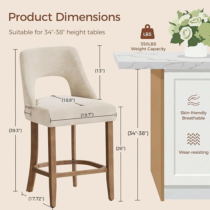 UVV Bar Stools Set of 4, Upholstered Counter Height Bar Stools, Modern Counter Stools with Wood Legs for Kitchen Island Dining Room Bar, Beige