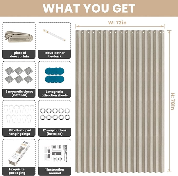 Jilron Accordian Door Curtain, 100% Blackout Folding Magnetic Doorway Curtains,Linen Style Closet Doors,for Room Divider,Privacy Protection（W72 x L78,Off White,1 Panel）