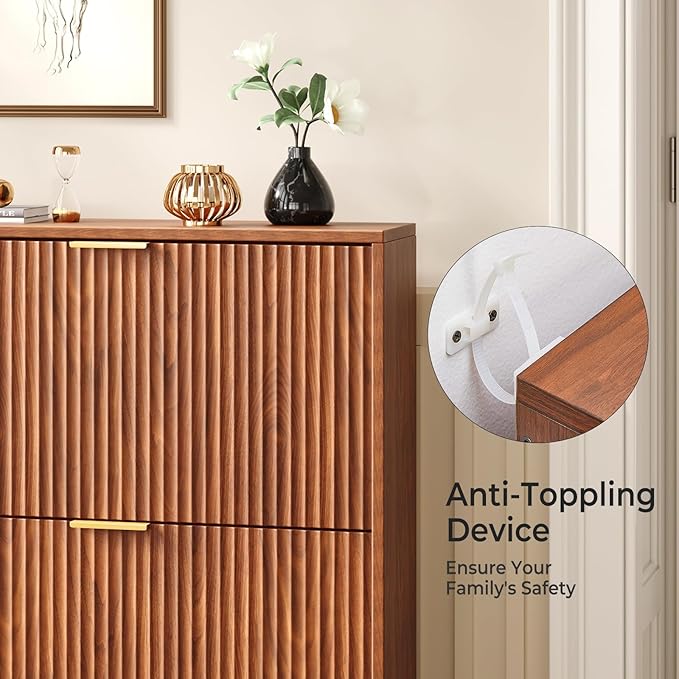 Hootata 31.5''W Walnut Shoe Storage Cabinet for Entryway with 2 Flip Drawers, Narrow Wood Fluted Shoe Rack Cabinet,Freestanding Slim Shoe Organizer Cabinet for Foyer, Hallway